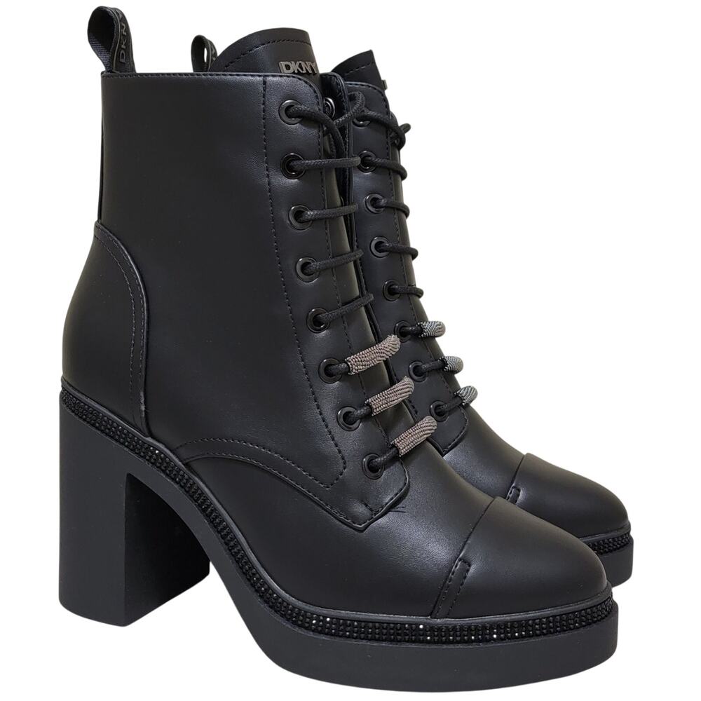 DKNY Women Talib Block Heel Platform Combat Boot Size US 8.5M Black Faux Leather